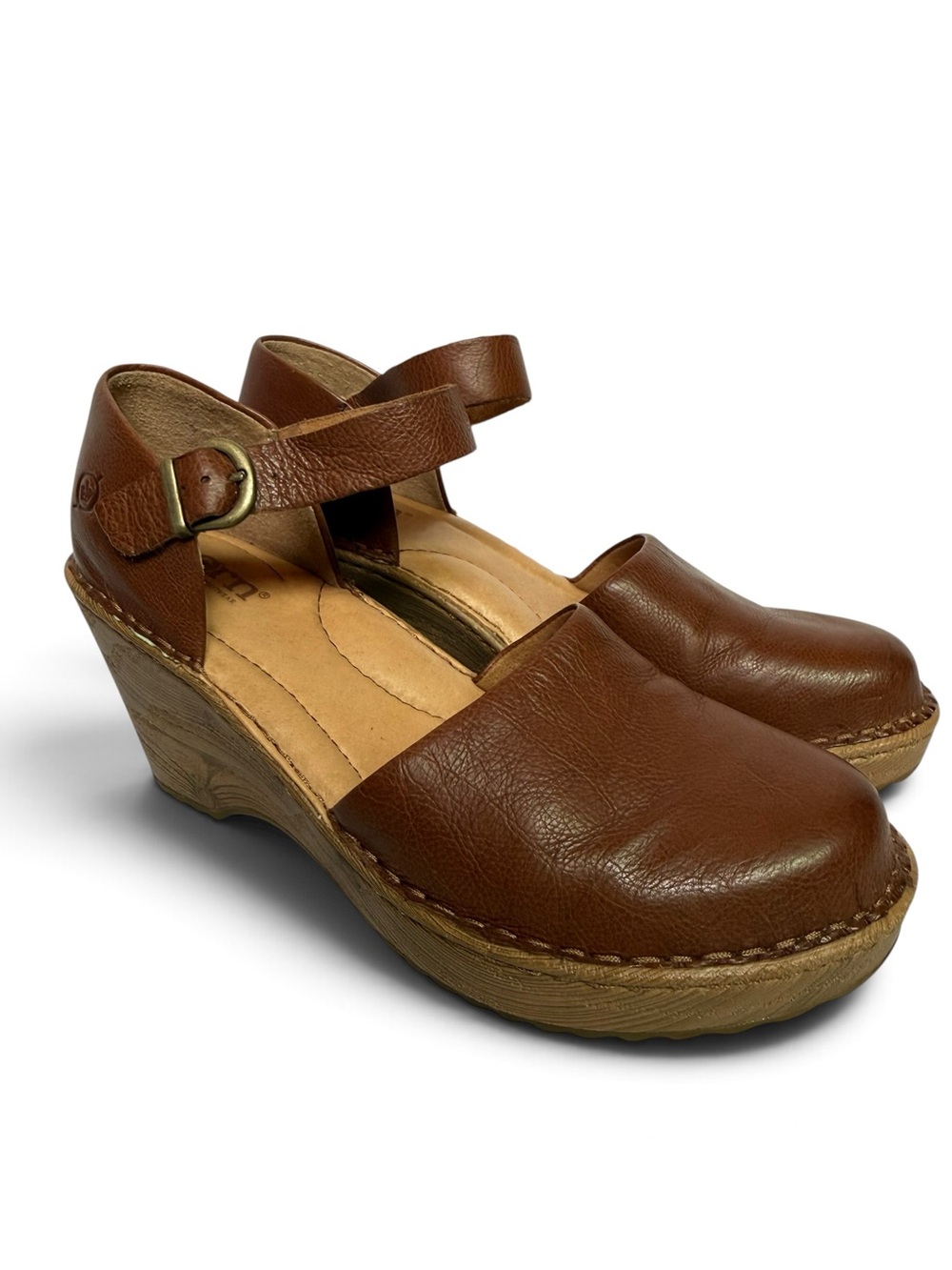 Born Nellie Brown Leather Mary Jane Platform Wedge Clogs Shoes Size 7
